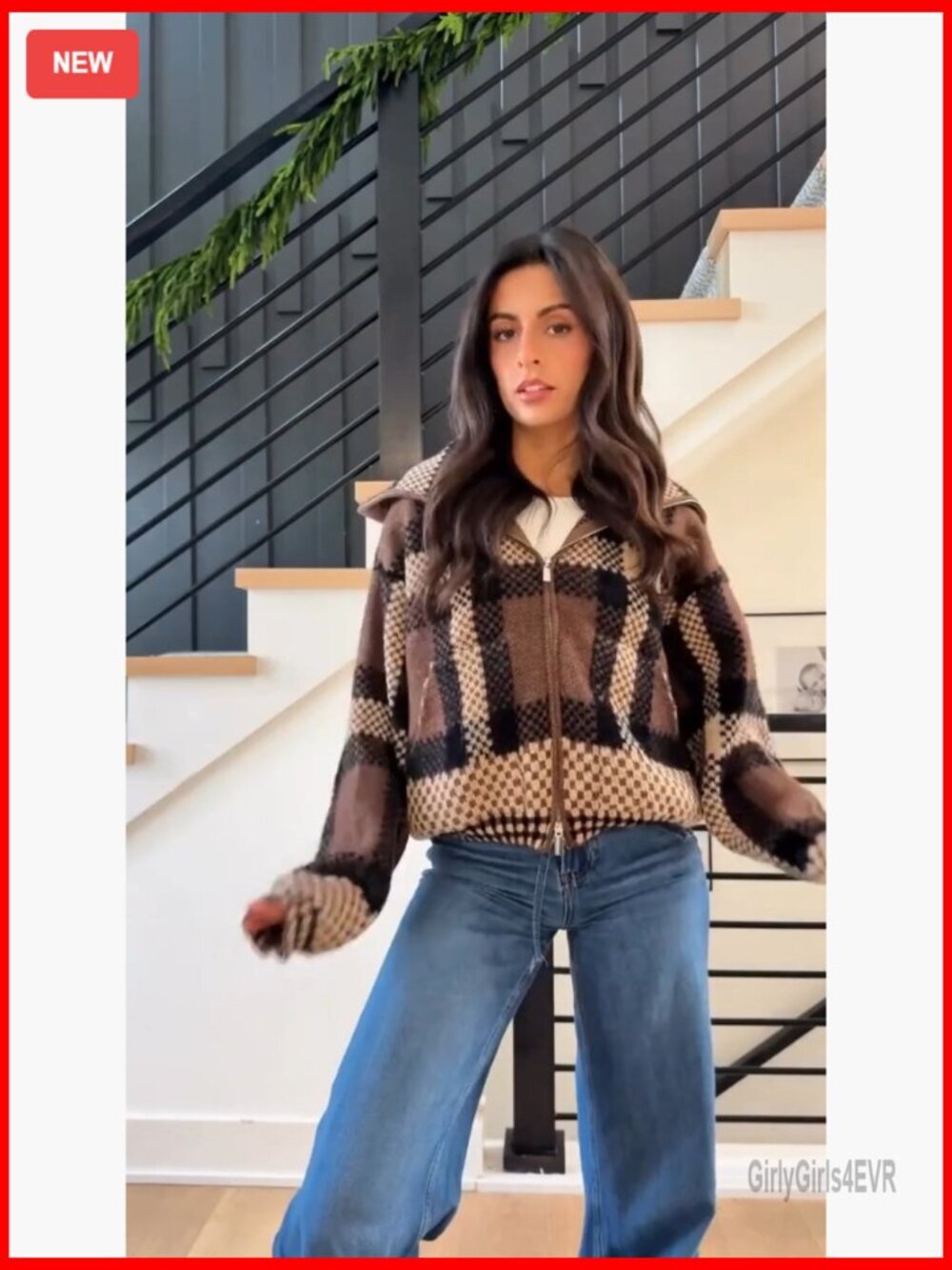 Vintage Checkered Cardigan Sweater Zip Up Knit Jacket Long Sleeve - Picture 7 of 7